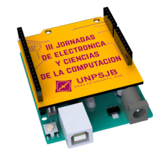 Logo de las Jornadas, un Arduino que tiene una placa montada con una inscripción que dice II Jornadas de Electrónica y Ciencias de la Computación
